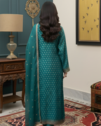 Teal & Gold Jamawar 3-Piece Suit – Marori Embroidered