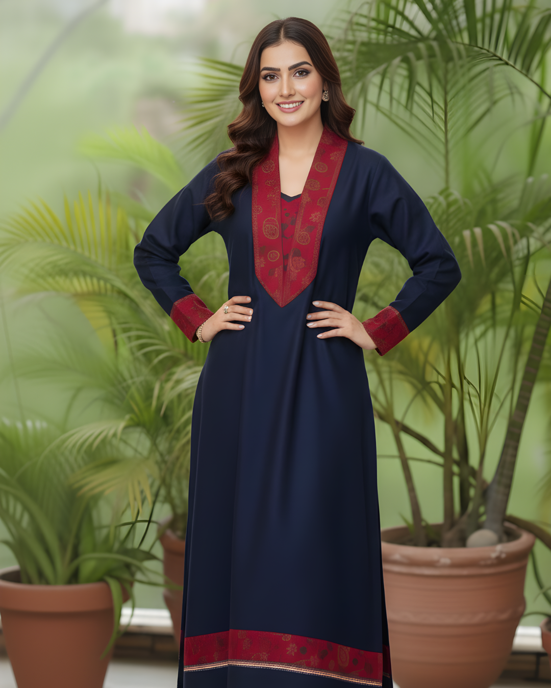 Navy Blue Paisley Print Pashmina Shawl Collar Kurta