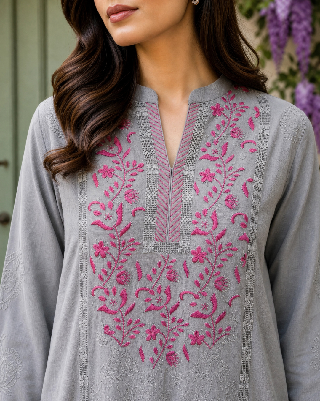 Grey Silk Lawn Hand Embroidered Floral Yoke Kurta Set