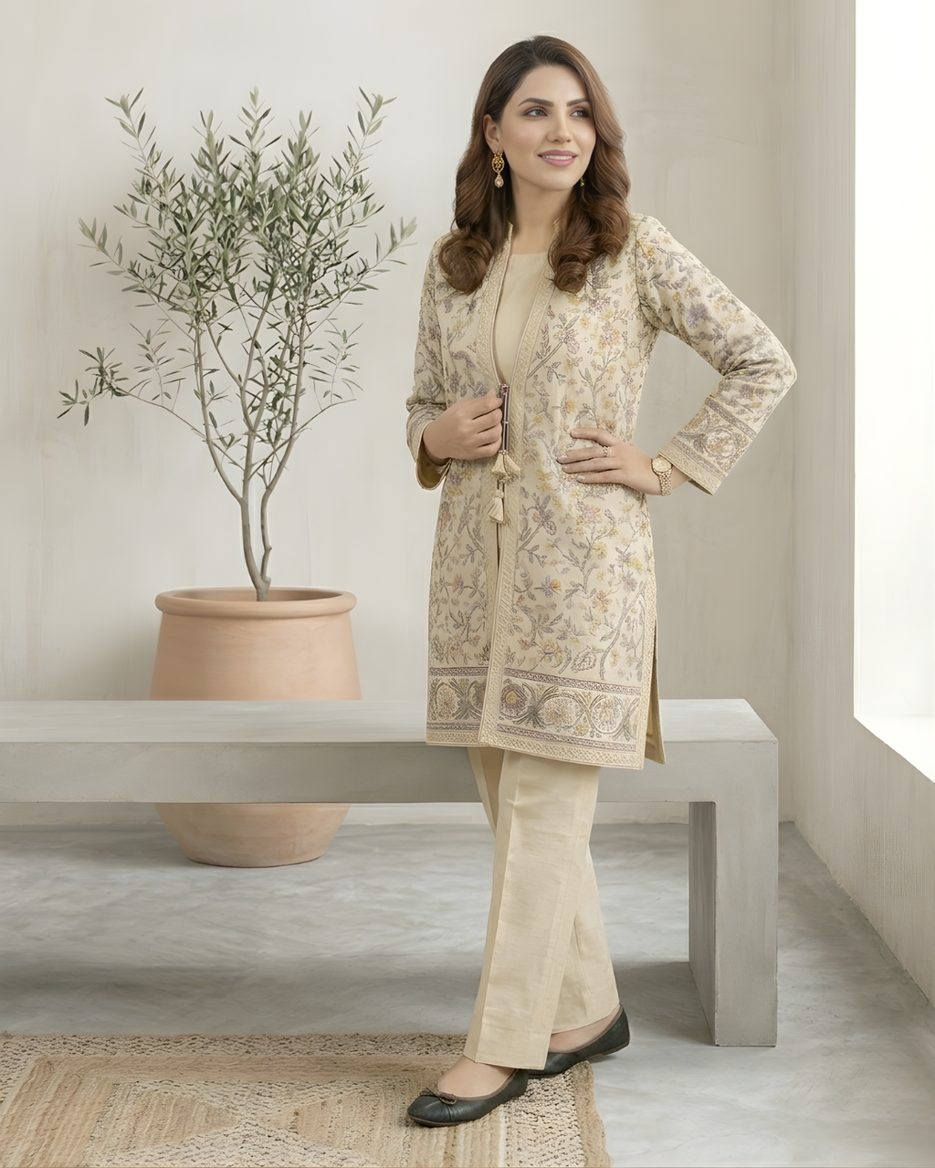 Fawn Kantha Printed Loomnet Jacket & Trouser Set