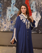 Navy Blue 3D Floral Applique Silk Kaftan