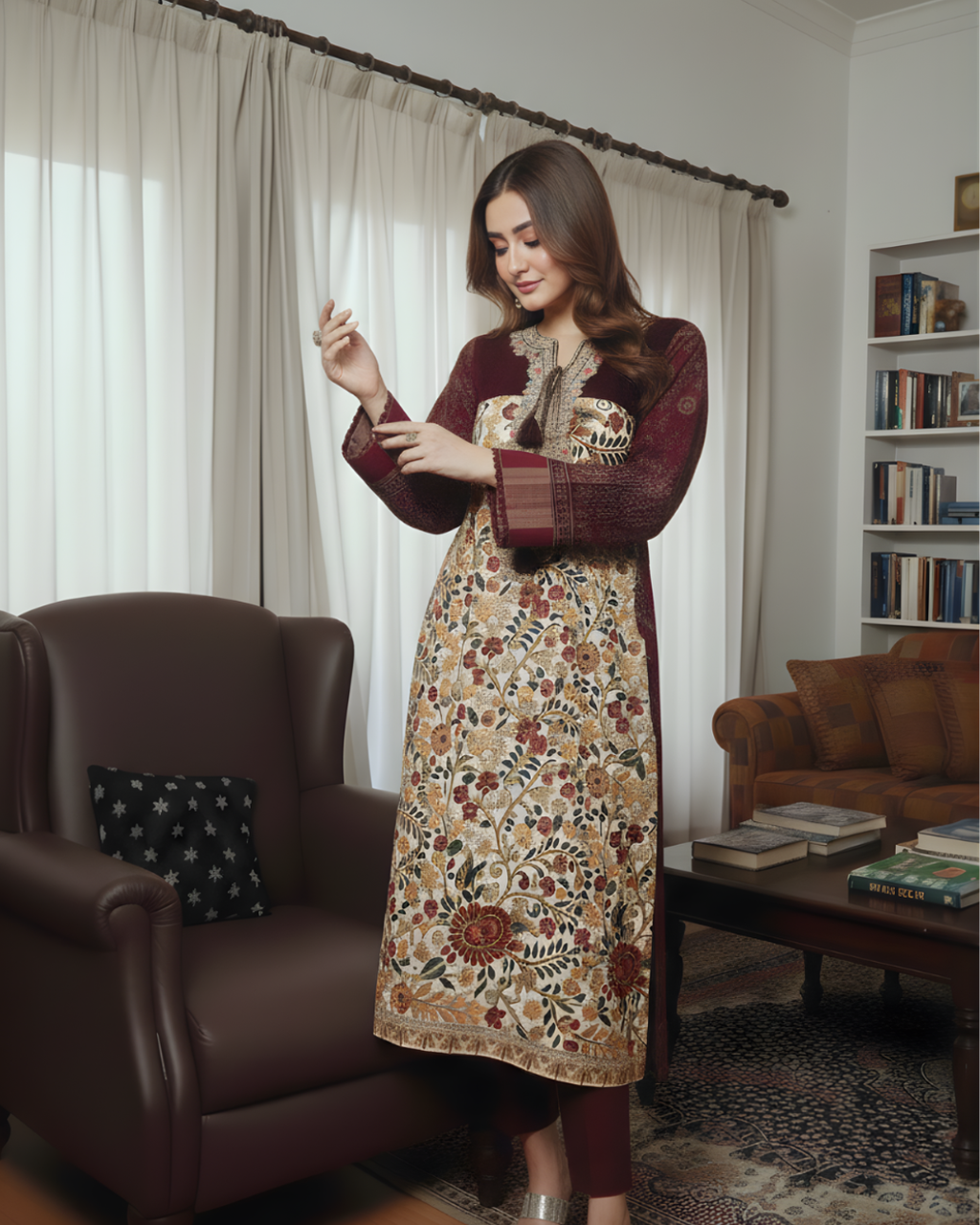 Cream & Maroon Velvet Hand Embroidered Floral Jaal Kurta Set
