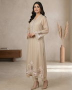 Beige Arri Embroidered Silk Lawn Kurta with Pearl Tassel