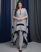 Silver Silk & Velvet Kaftan with Navy Button Tassel Trim