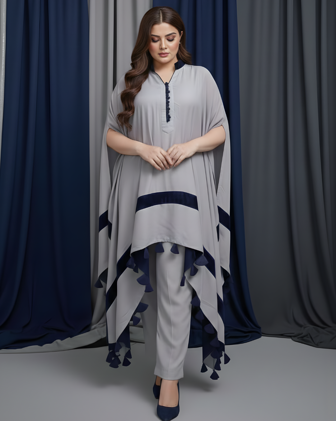 Silver Silk & Velvet Kaftan with Navy Button Tassel Trim