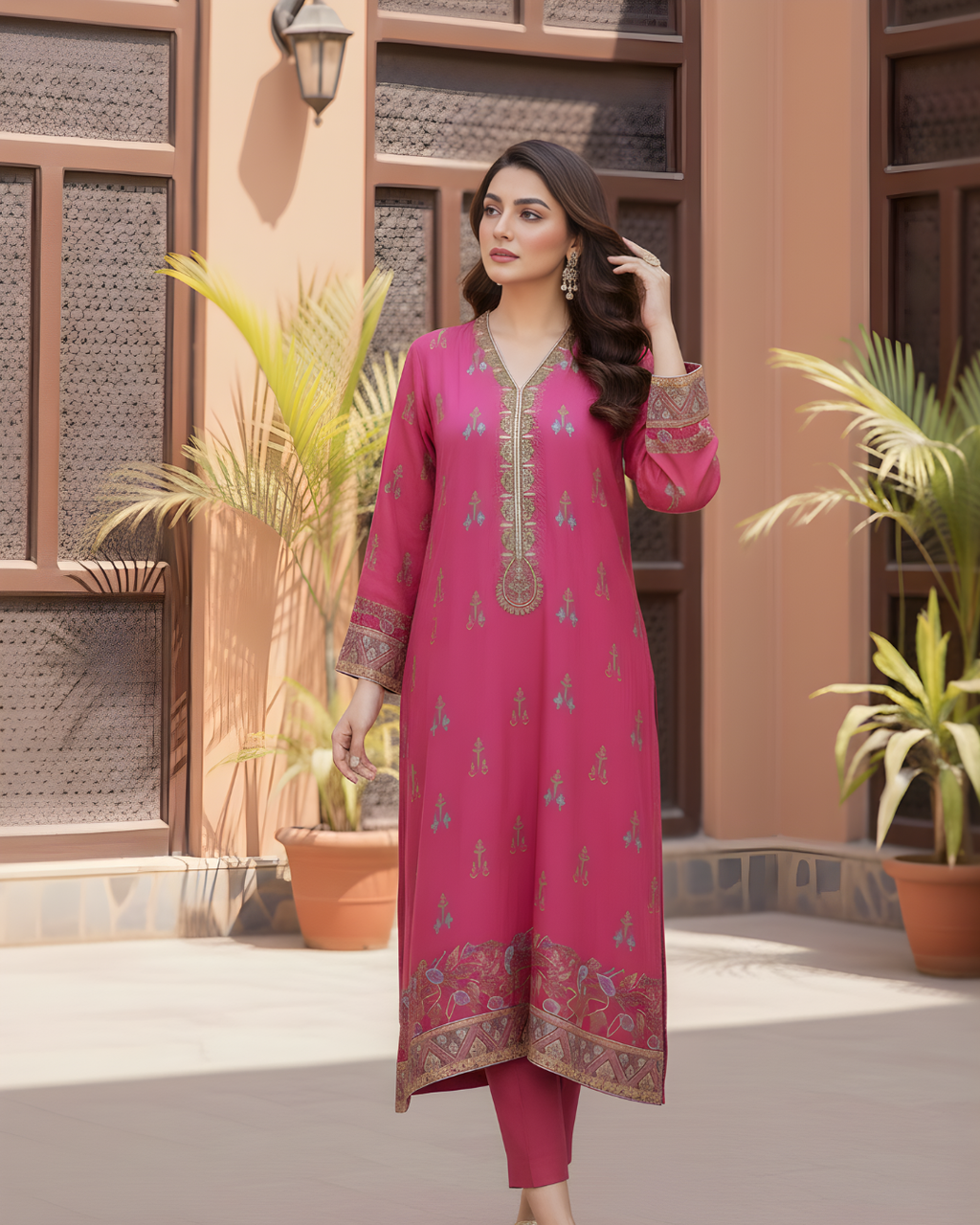 Fuchsia Silk 3-Piece Suit with Gold Embroidered Digital Print