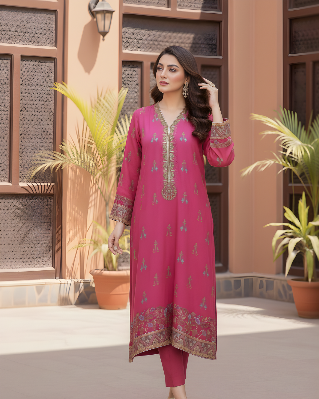 Fuchsia Silk 3-Piece Suit with Gold Embroidered Digital Print
