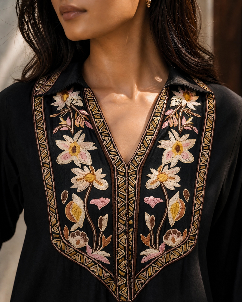 Black Floral Yoke Hand Embroidered Loomnet Kurta Set