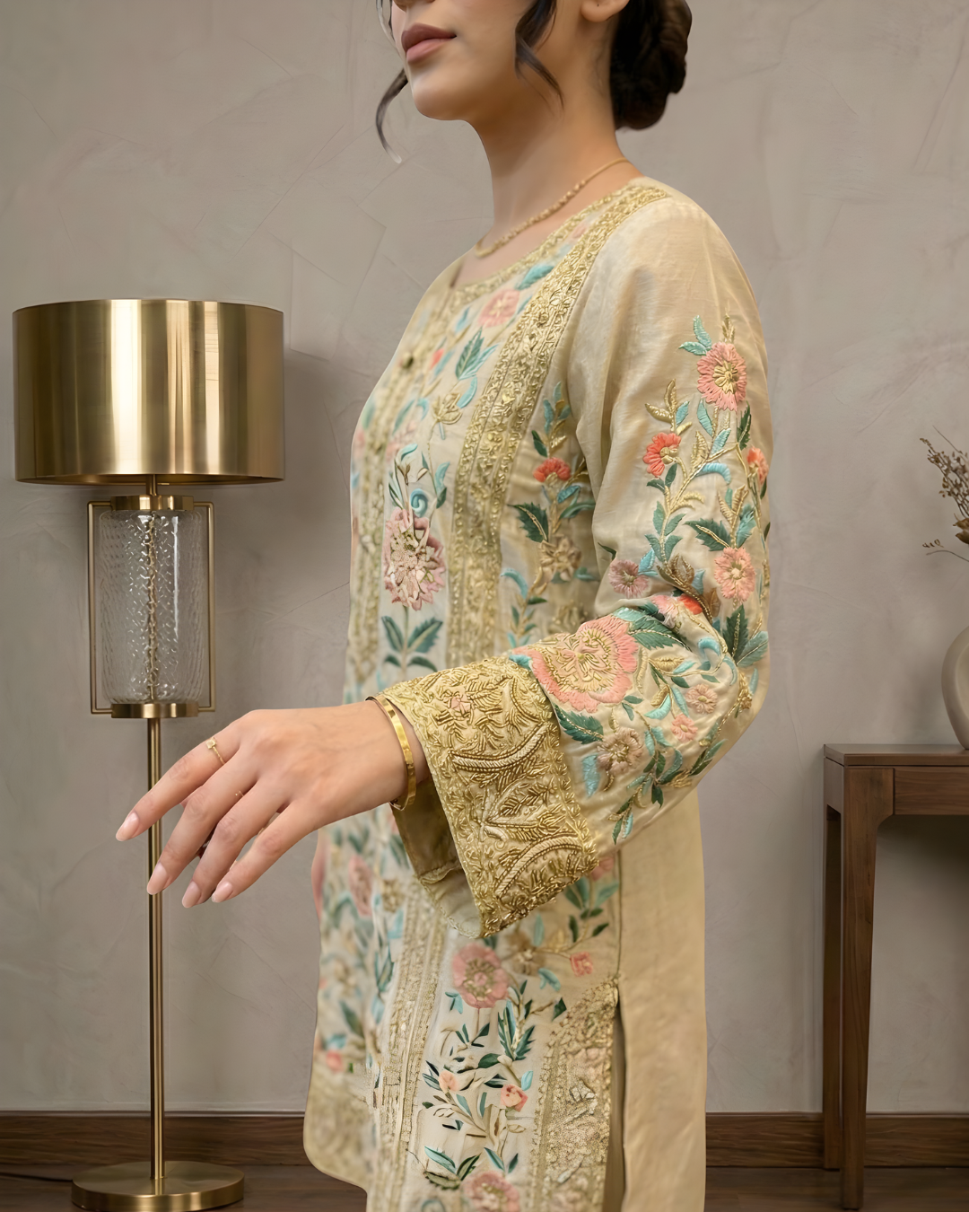 Ivory & Peach Tussel Silk 3-Piece Zardozi Embroidered Set
