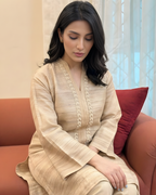 Beige Arri Pearl Embroidered Khaddi Silk Kurta Set