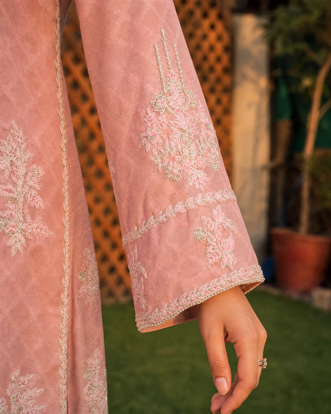 Pink Cotton Net Hand Embroidered Long Shirt Set