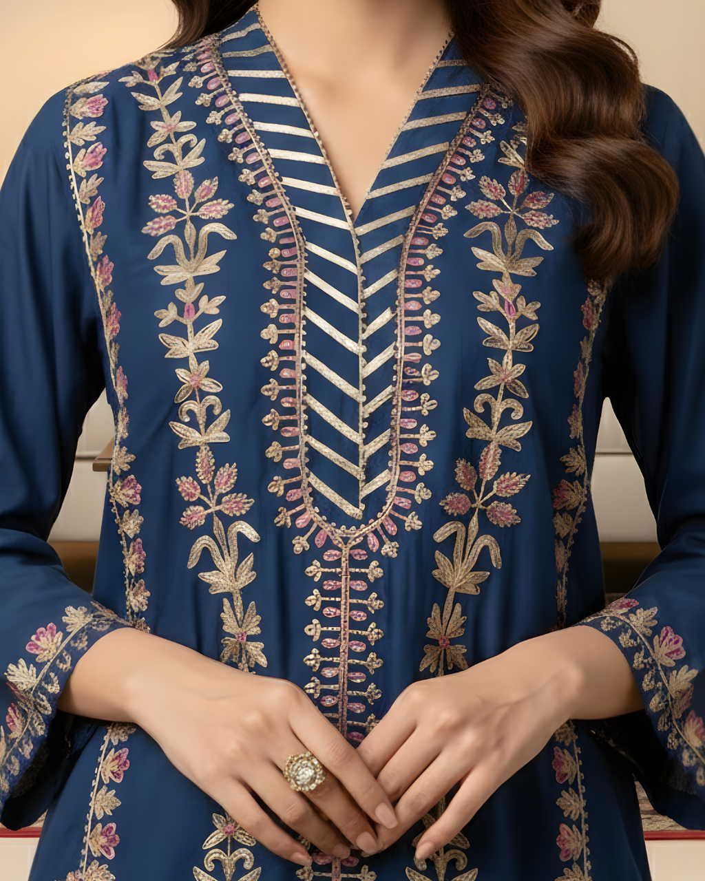 Navy Blue Gold Arri Embroidered Floral Panel Loomnet Kurta