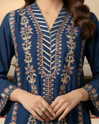 Navy Blue Gold Arri Embroidered Floral Panel Loomnet Kurta