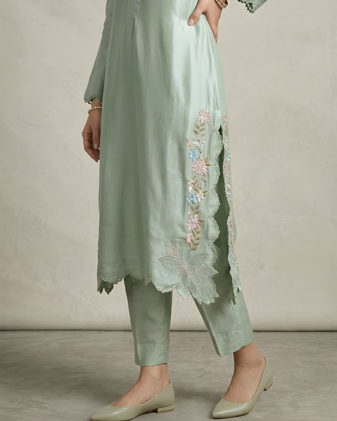 Teal Sheesha Silk 3-Piece Embroidered Suit