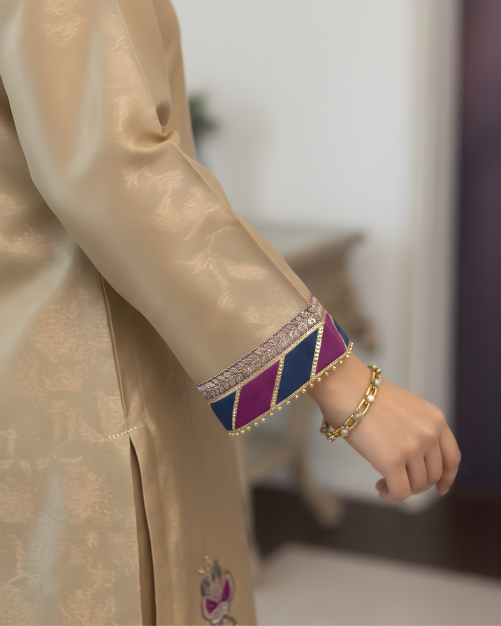 Gold Jamawar 3-Piece Suit with Cora Dabka & Pearl Embroidery