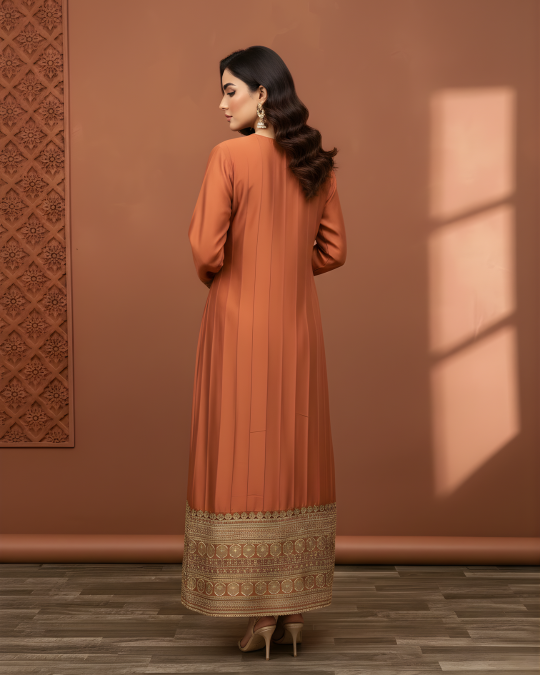 Coral Rust Gold Marori Embroidered Loomnet Kurta Set
