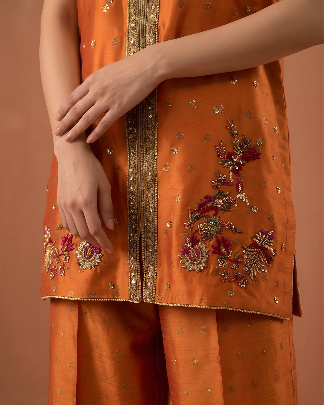 Orange Sleeveless Gold Tilla Embroidered Loomnet Kurta Set