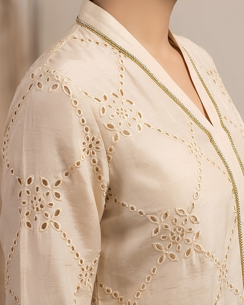 Beige Tissue Silk Gold Schiffli Cutwork Kurta Set