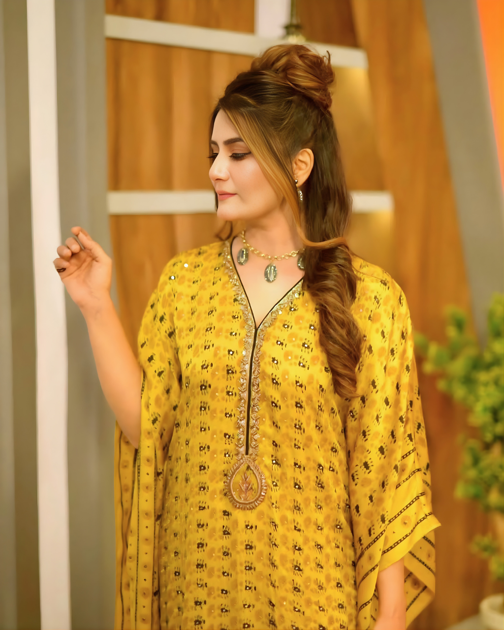 Mustard  Print Silk Kaftan