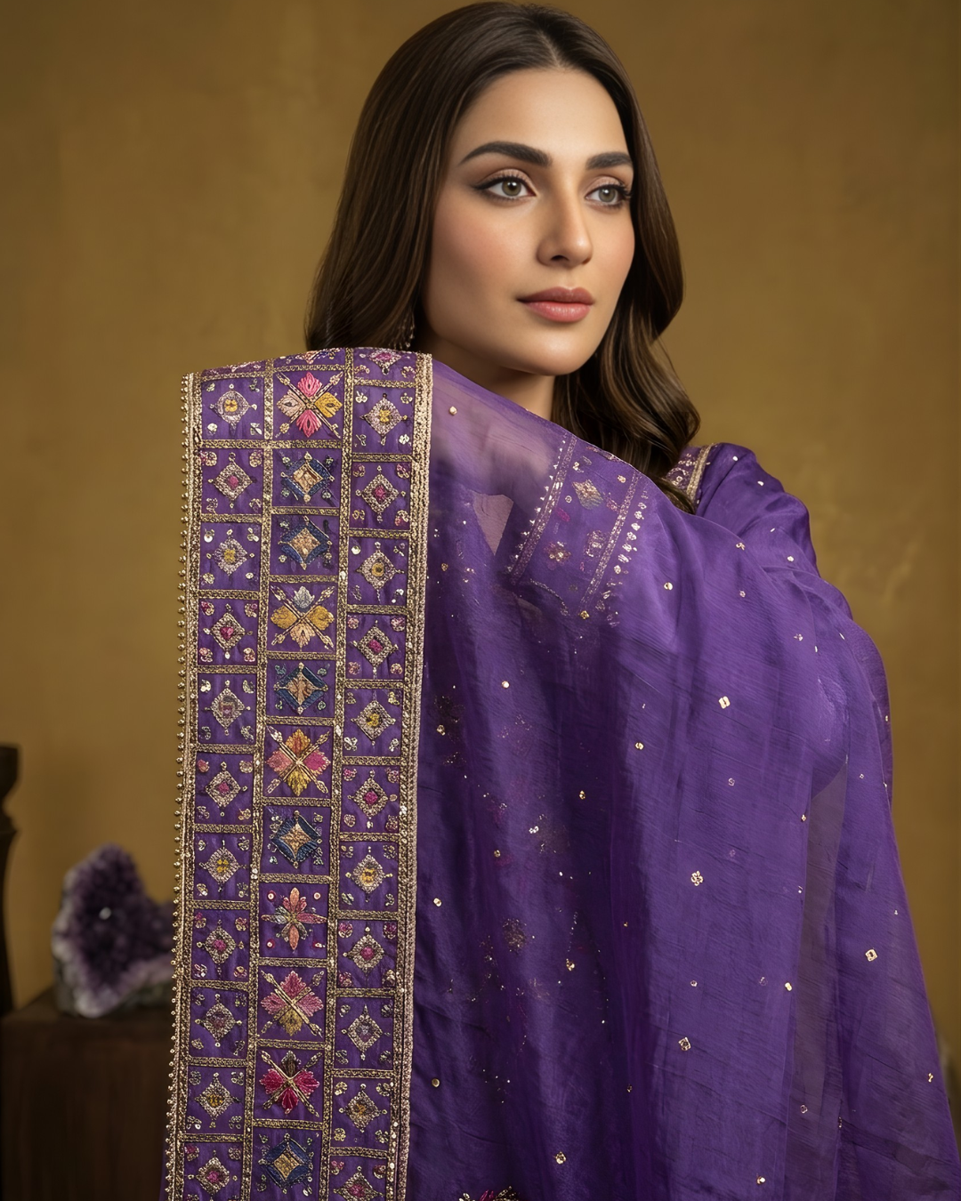 Purple Gold Pink Marori Embroidered Tussel Silk 3-Piece Suit
