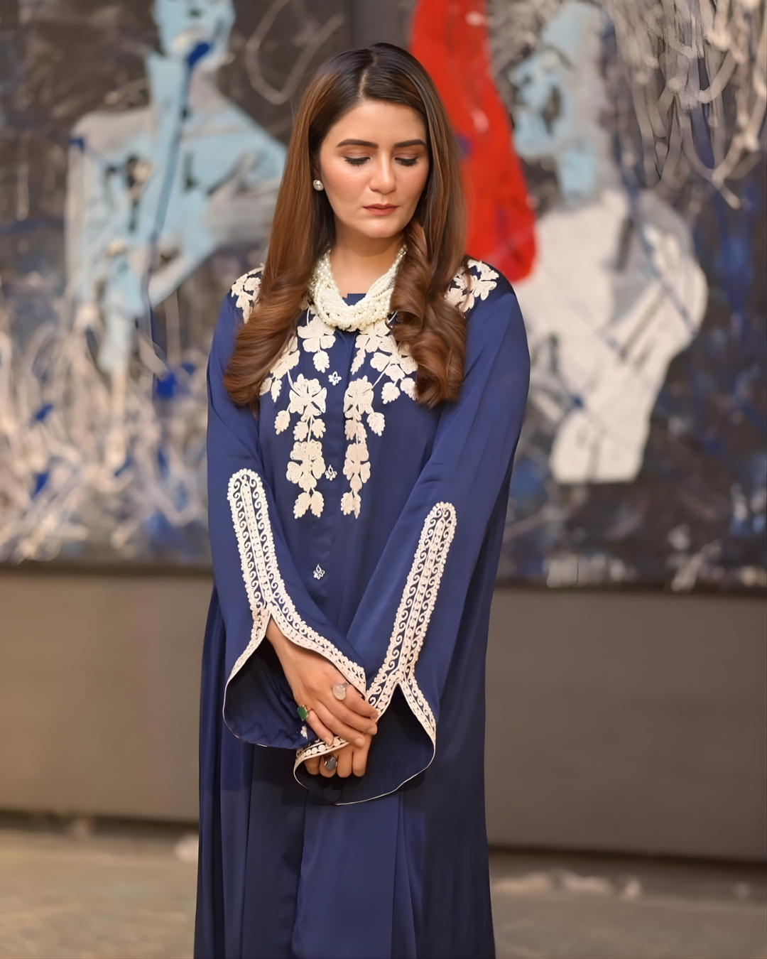 Navy Blue 3D Floral Applique Silk Kaftan