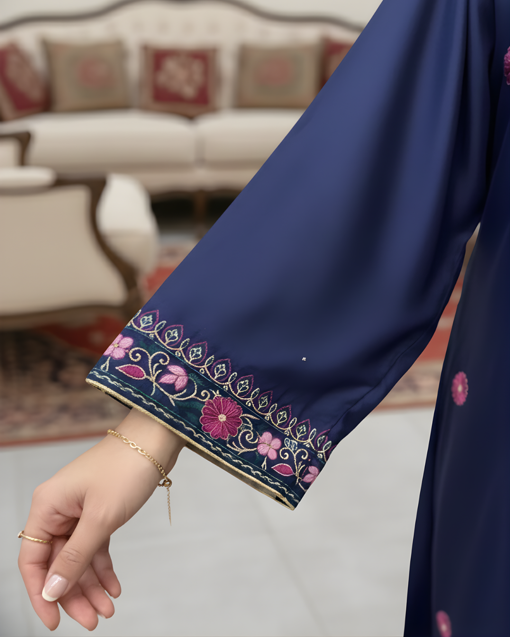 Navy Blue Pink Floral Embroidered Yoke Loomnet Kurta