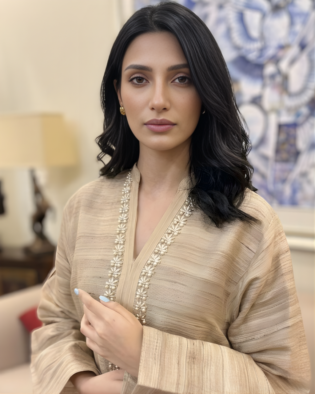 Beige Arri Pearl Embroidered Khaddi Silk Kurta Set