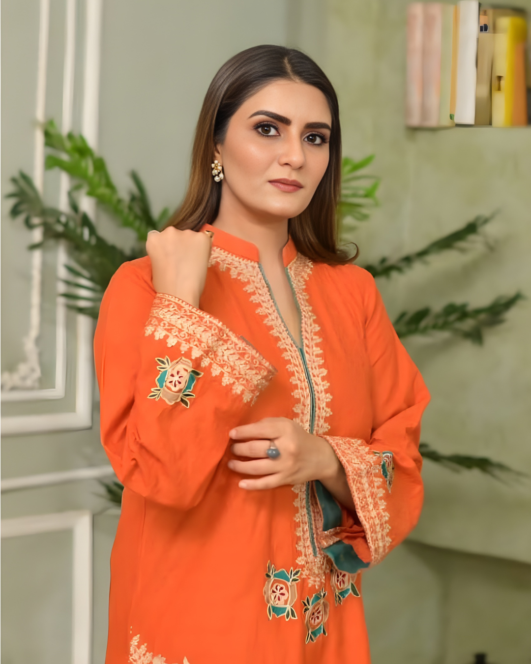 Orange Gold Tilla Embroidered Lawn Kurta