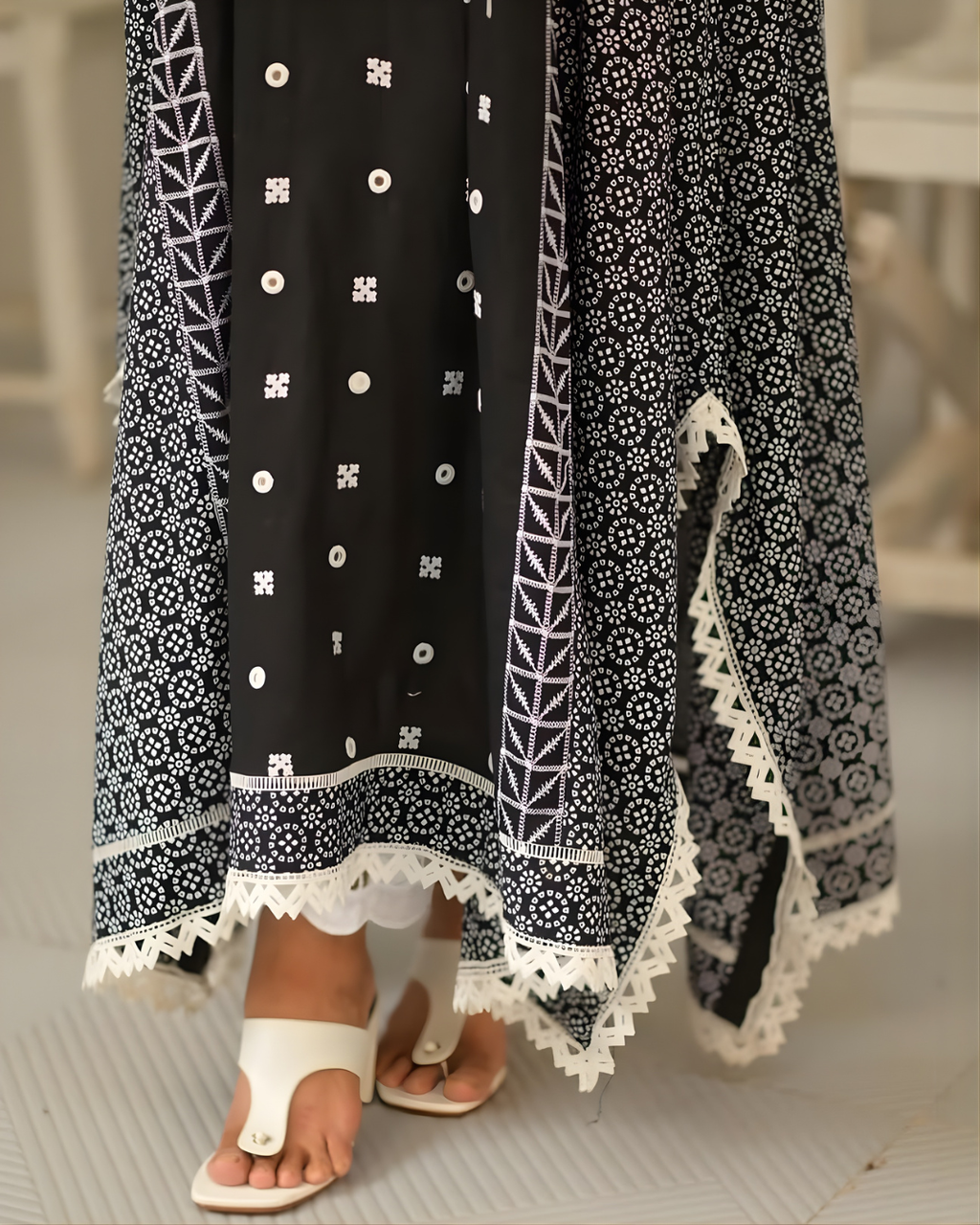 Black Mirror Work Cotton Embroidered Dress