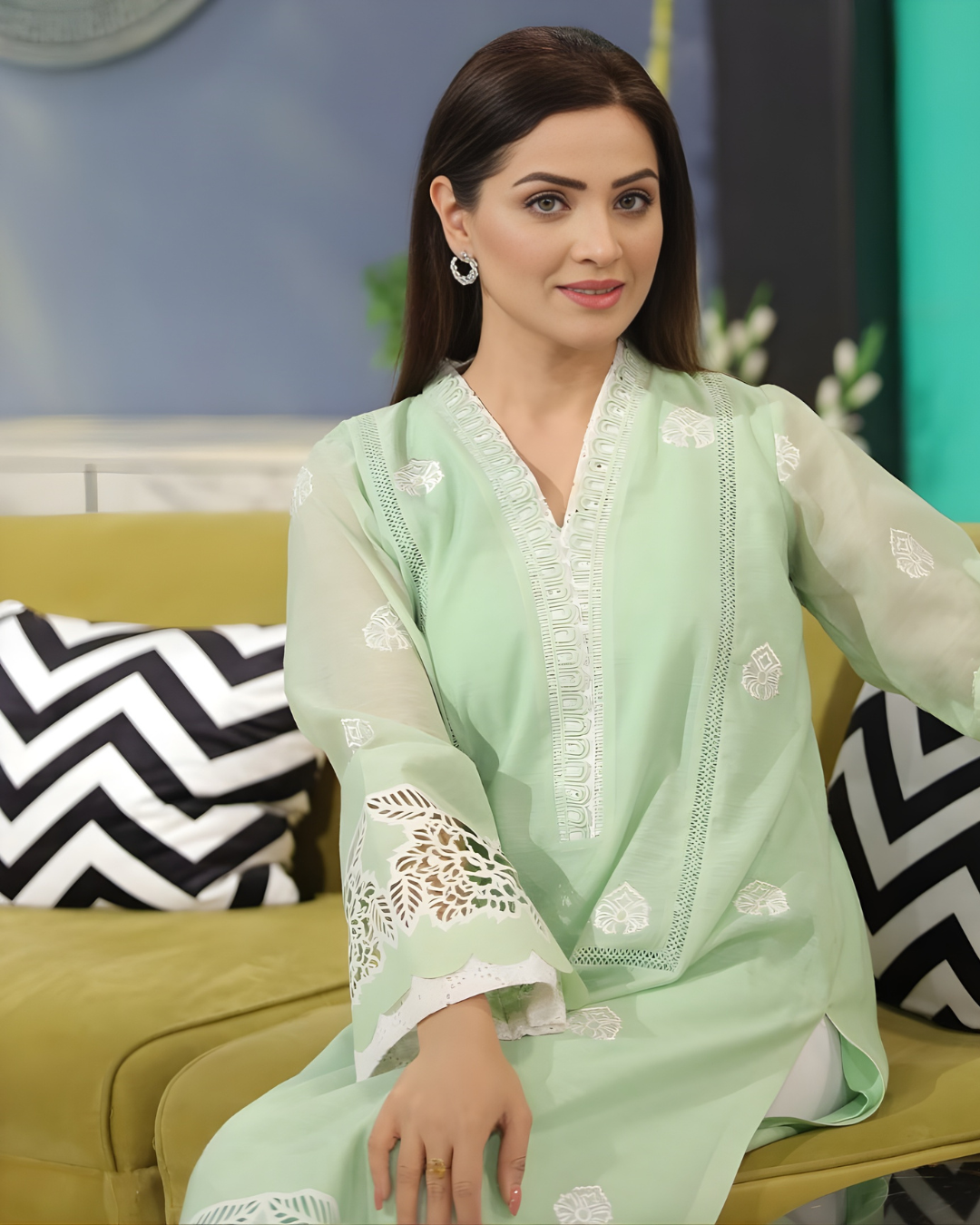 Mint Green Laser Cut Bell Sleeve Silk Lawn Kurta Set