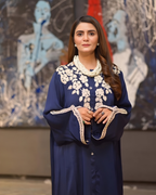 Navy Blue 3D Floral Applique Silk Kaftan