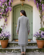 Grey Silk Lawn Hand Embroidered Floral Yoke Kurta Set