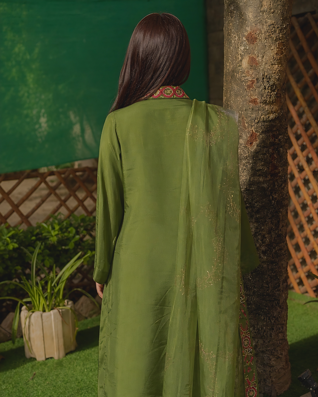 Forest Green Multicolour Hand Embroidered Shamboz Silk Set