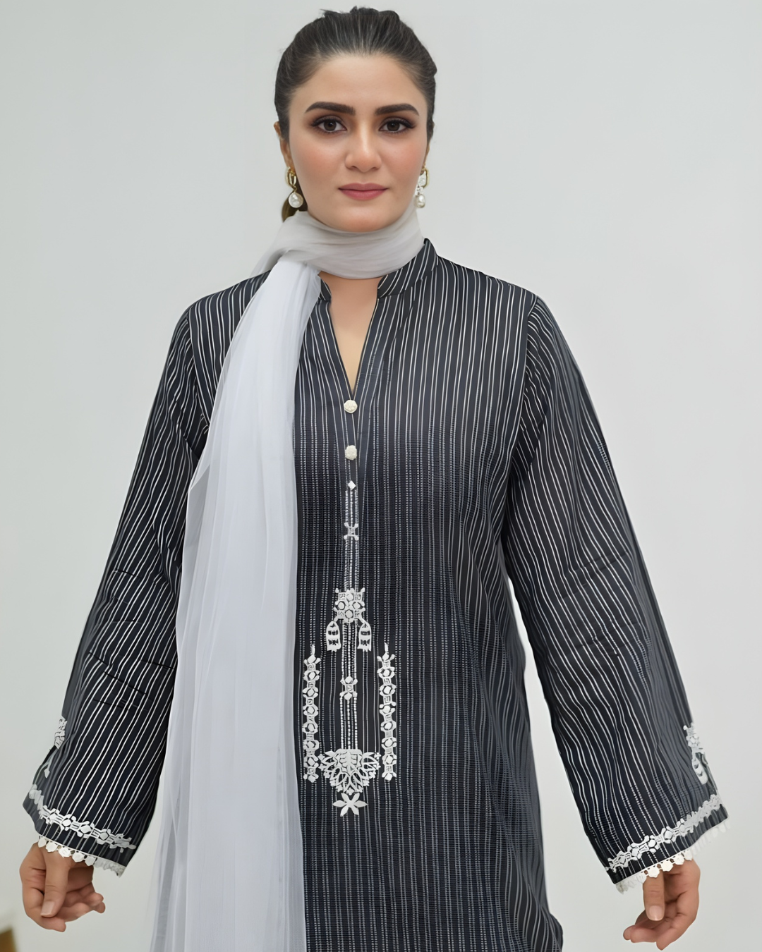 Black & White Striped Lawn Kurta with Mandarin Collar