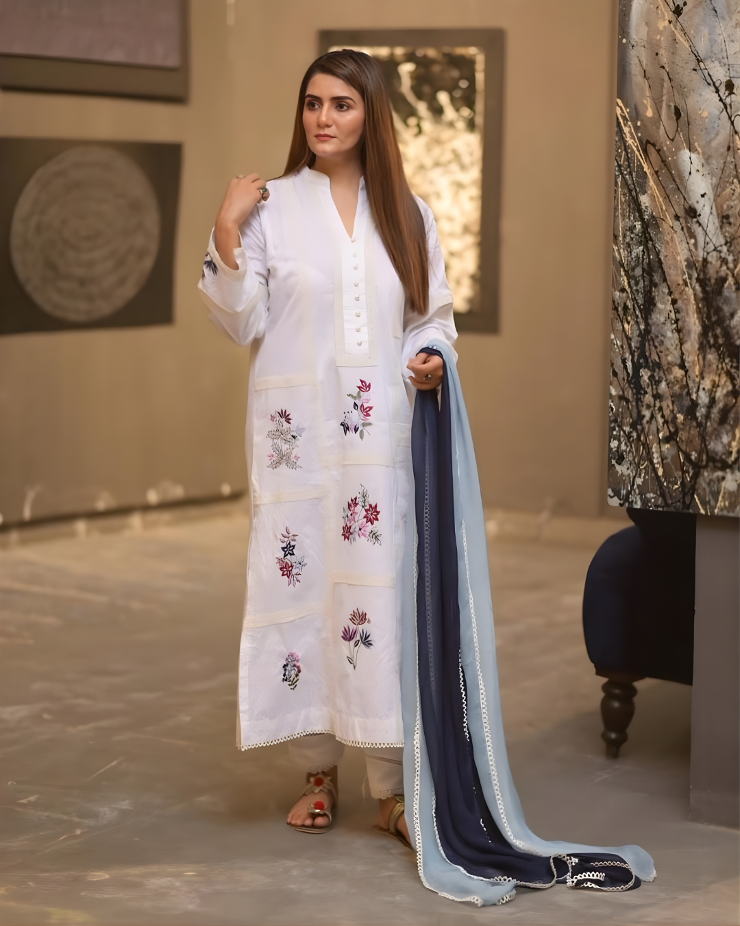 White Chikankari Multicolour Floral Embroidered Kurta