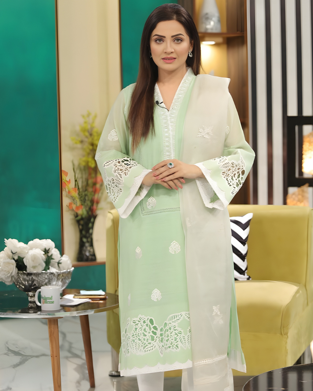 Mint Green Laser Cut Bell Sleeve Silk Lawn Kurta Set