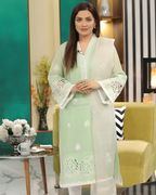 Mint Green Laser Cut Bell Sleeve Silk Lawn Kurta Set