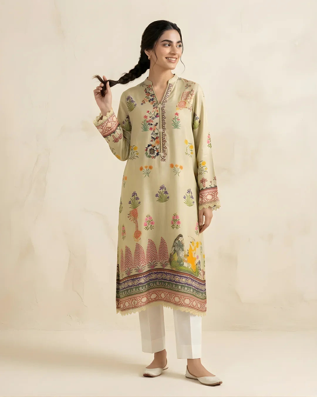 Woman wearing a beige floral printed kurta with white pants, standing against a neutral background