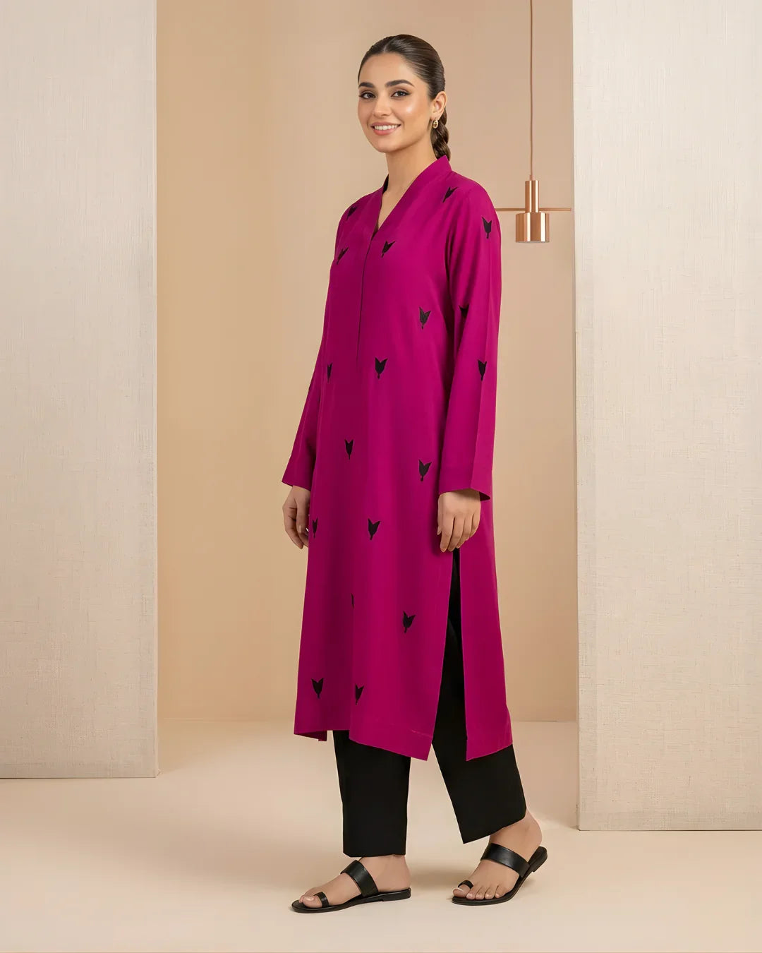 Fuchsia Geometric Patchwork Loomnet Kurta Set