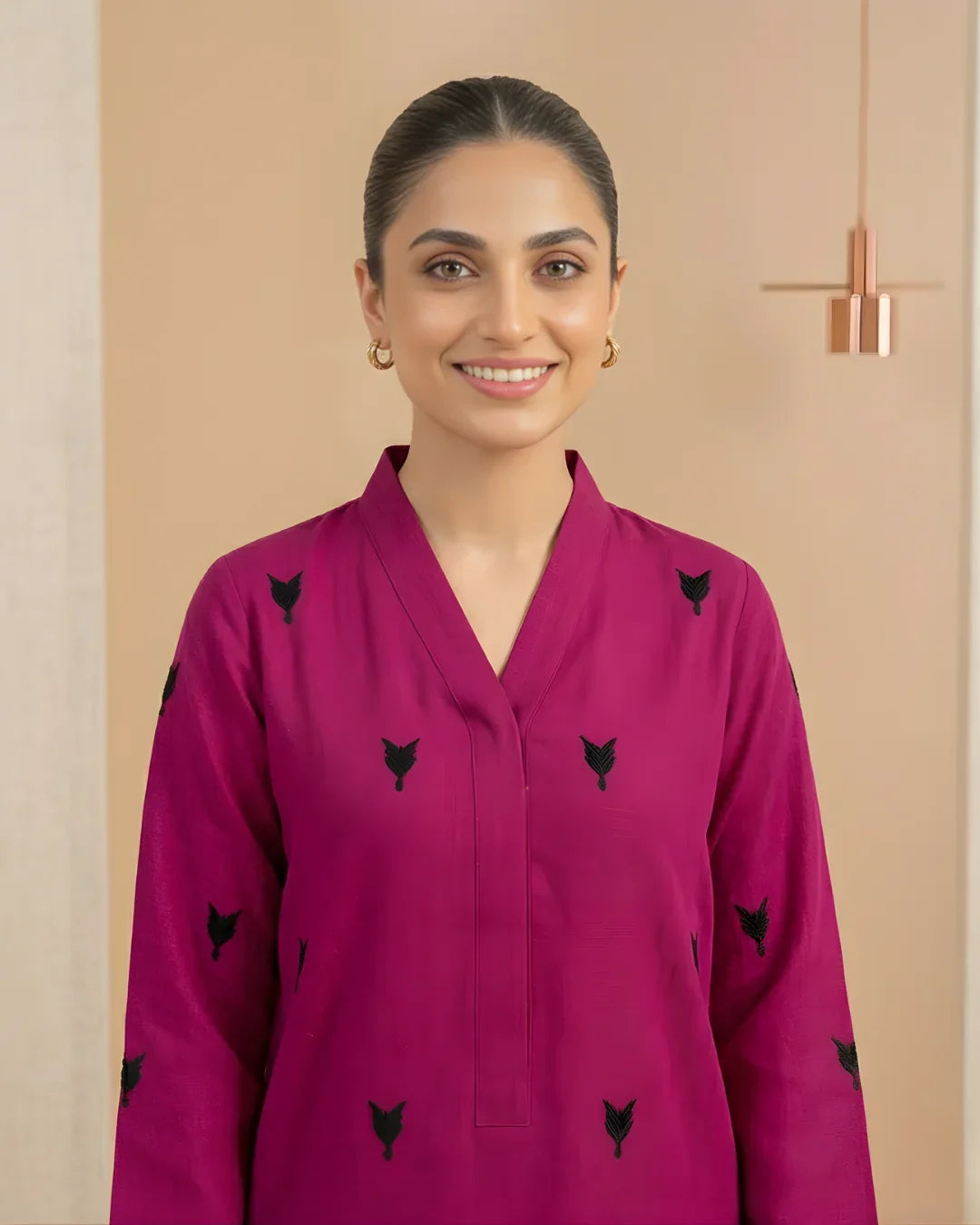 Fuchsia Geometric Patchwork Loomnet Kurta Set