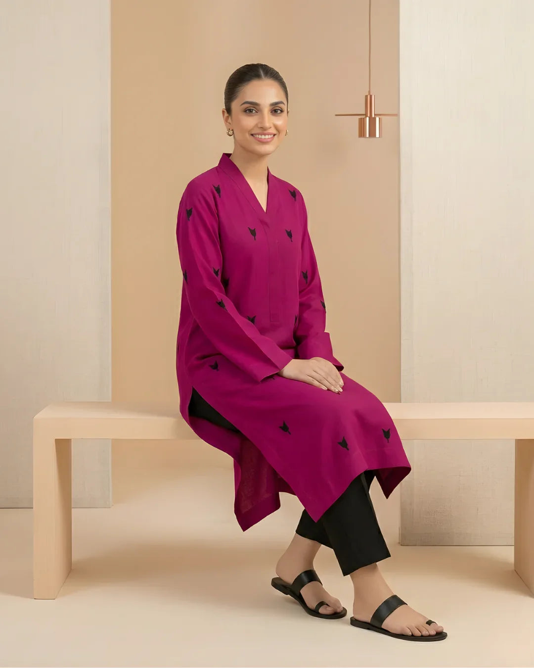 Fuchsia Geometric Patchwork Loomnet Kurta Set