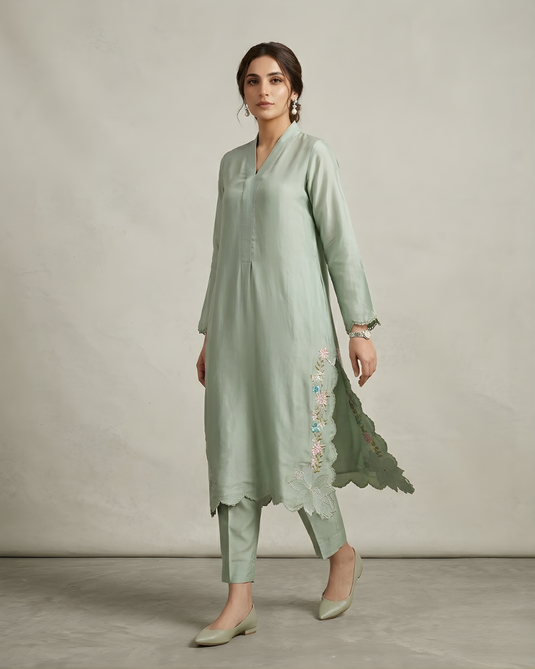 Teal Sheesha Silk 3-Piece Embroidered Suit