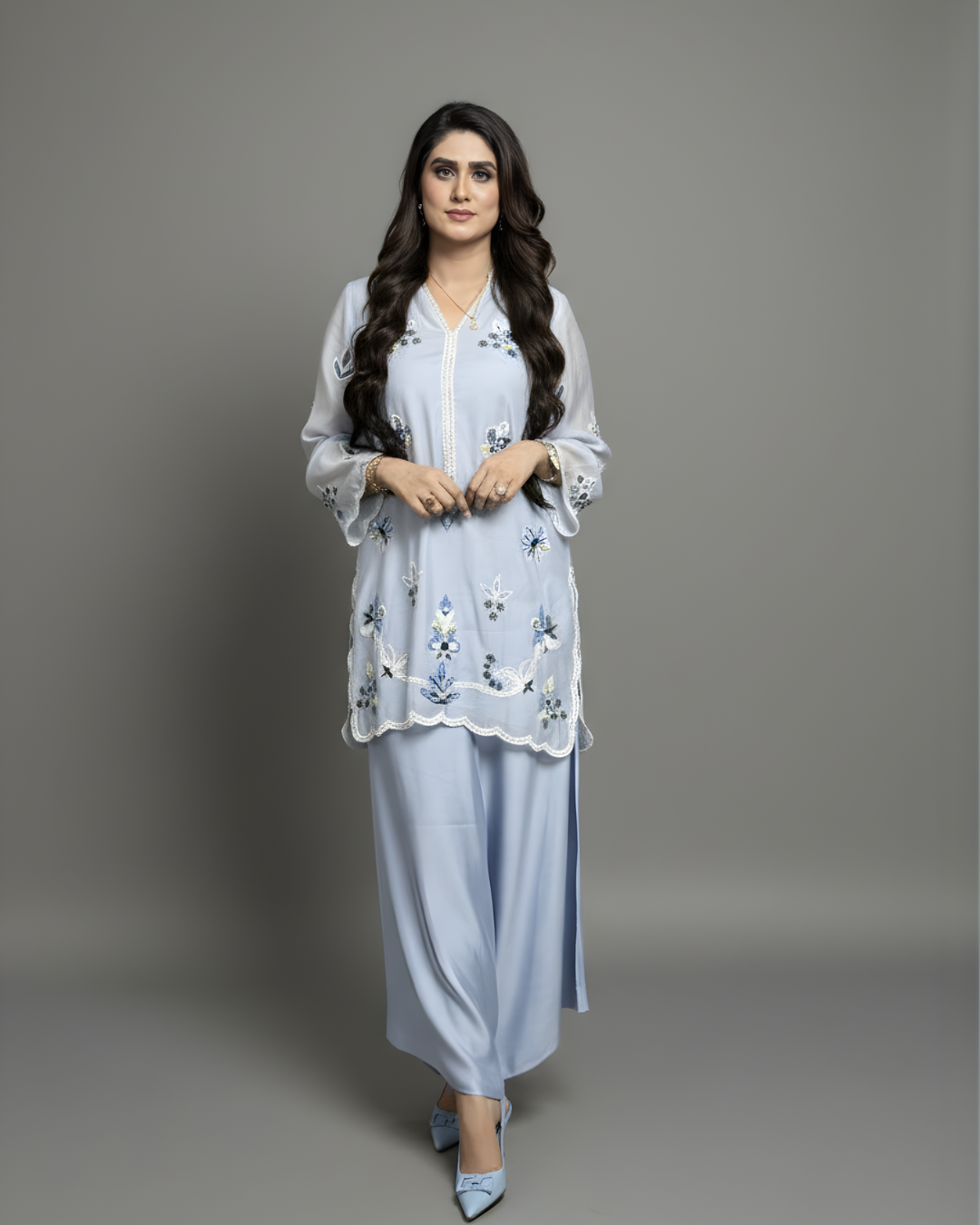 Sky Blue Arri Work Loomnet Short Kurta & Tulip Trouser Set