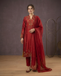 Red Gold Handwork Sheesha Silk 3-Piece Suit