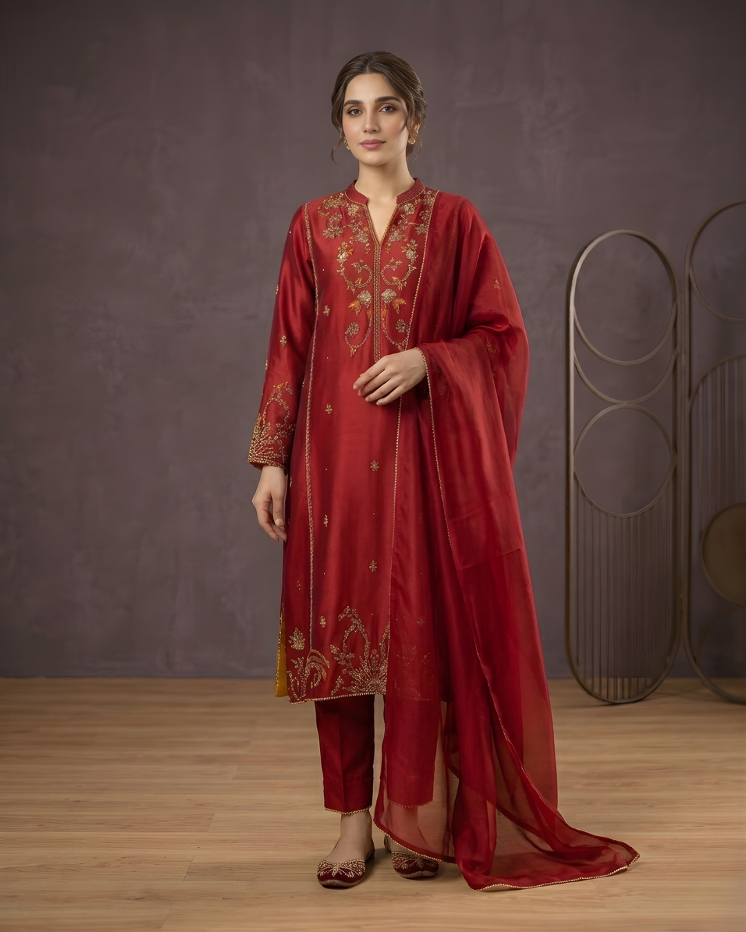 Red Gold Handwork Sheesha Silk 3-Piece Suit