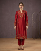Red Gold Handwork Sheesha Silk 3-Piece Suit