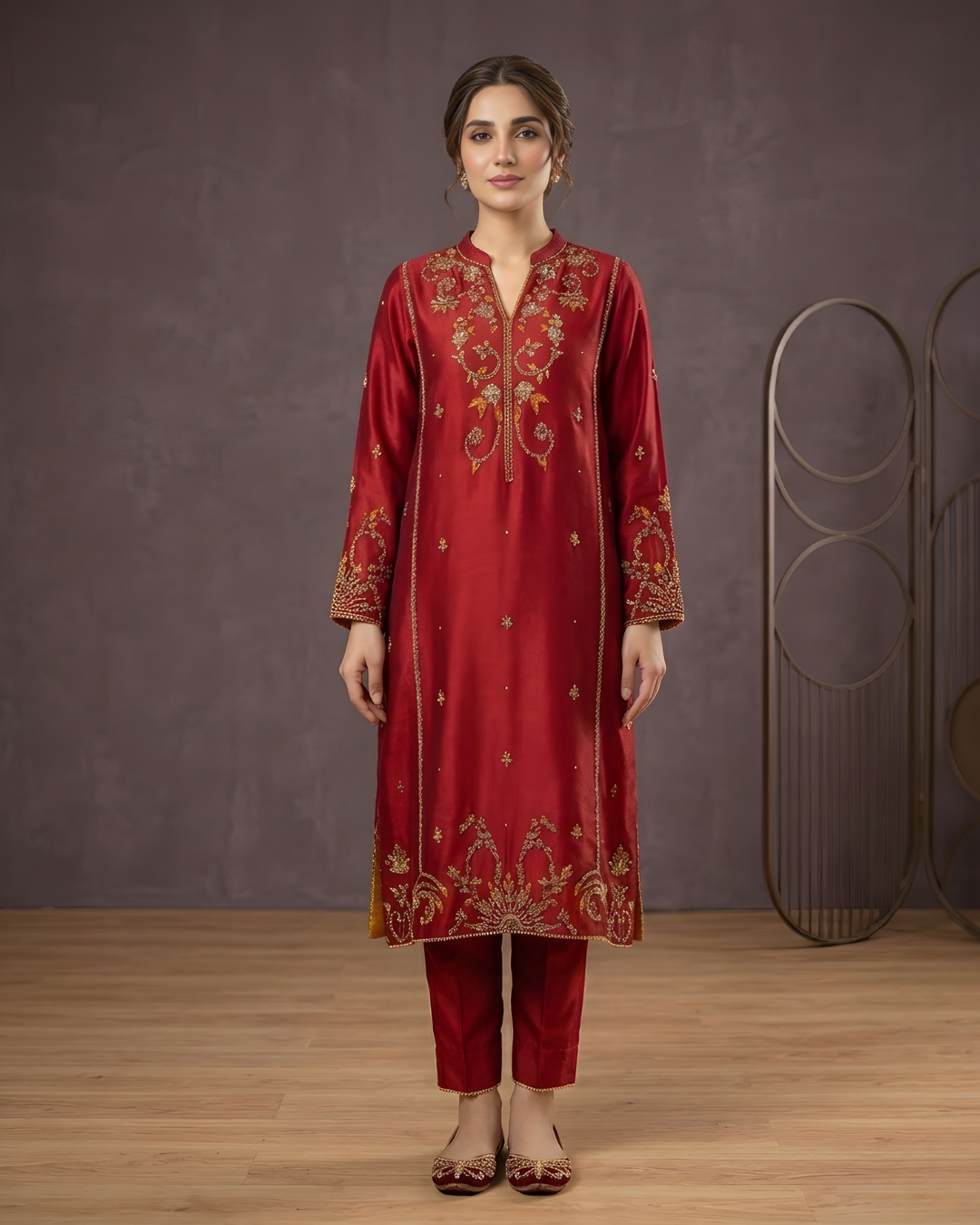Red Gold Handwork Sheesha Silk 3-Piece Suit