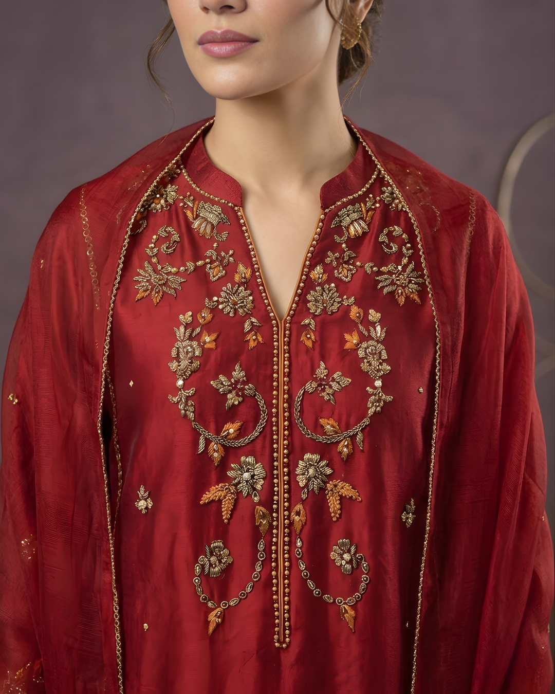 Red Gold Handwork Sheesha Silk 3-Piece Suit