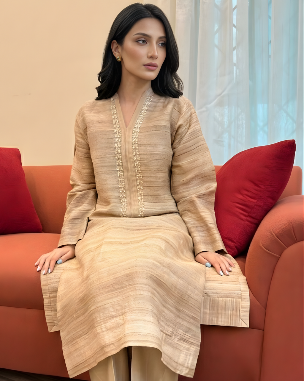 Beige Arri Pearl Embroidered Khaddi Silk Kurta Set