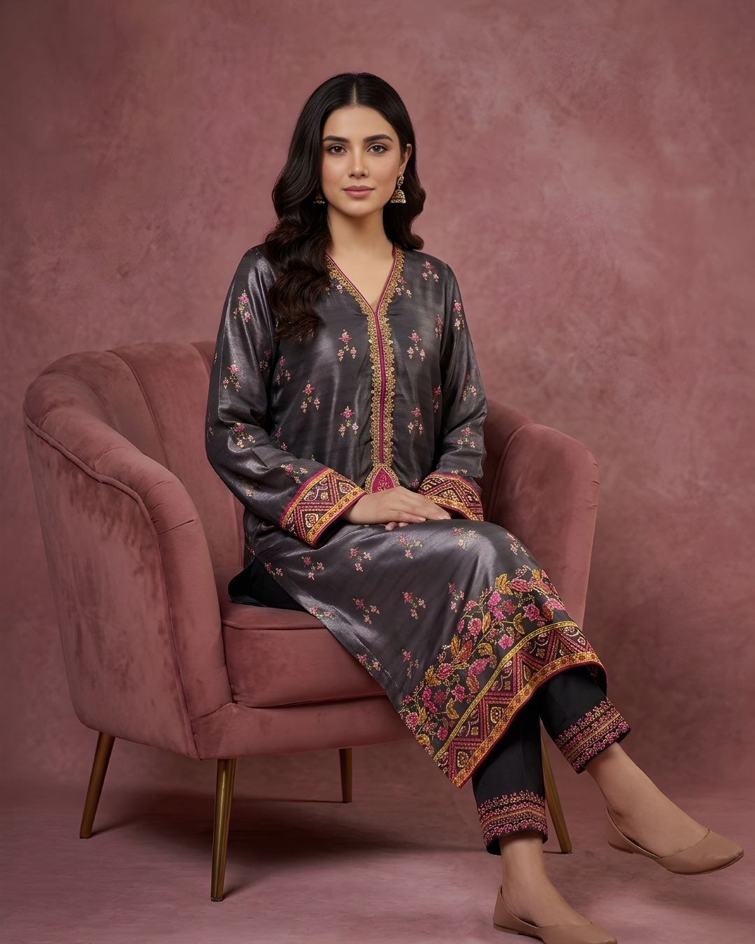Charcoal Black Silk 3-Piece Suit with Gold Dabka & Digital Border